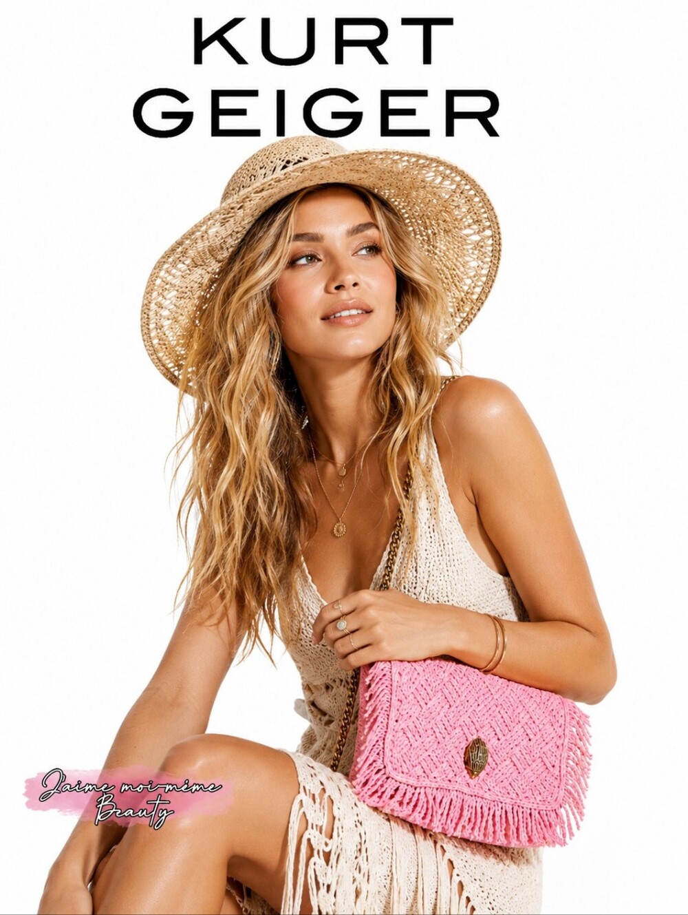 Kurt Geiger Bubblegum Pink Metallic Crochet Fringe Crossbody Chain Bag Boho